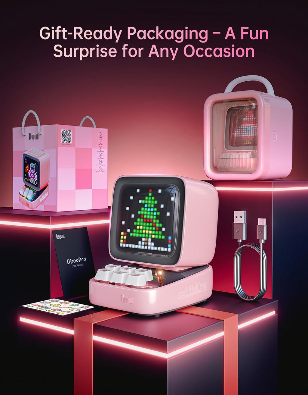 Ditoo Retro Pixel Art Bluetooth Speaker with 16x16 LED App-Controlled Display (Pink)