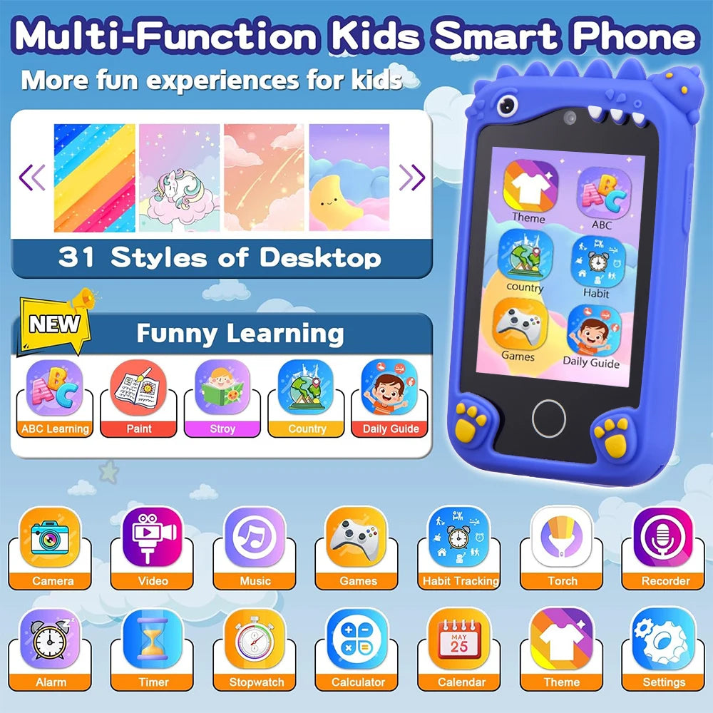 Children's Smart Phone Toy with 2.8-Inch Touchscreen and Digital Camera - Music Player Gift for Boys and Girls, Ideal for Christmas and Birthdays