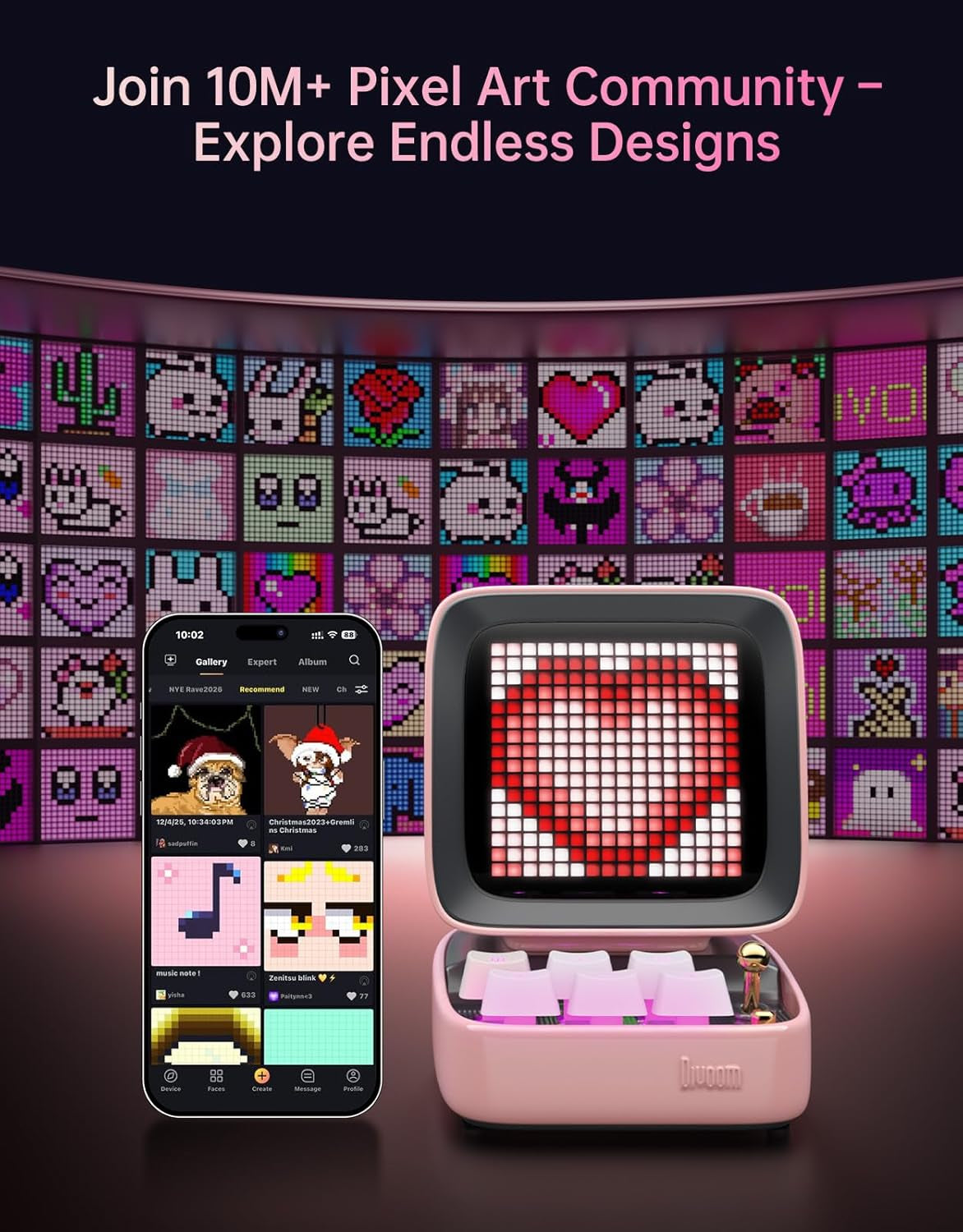Ditoo Retro Pixel Art Bluetooth Speaker with 16x16 LED App-Controlled Display (Pink)
