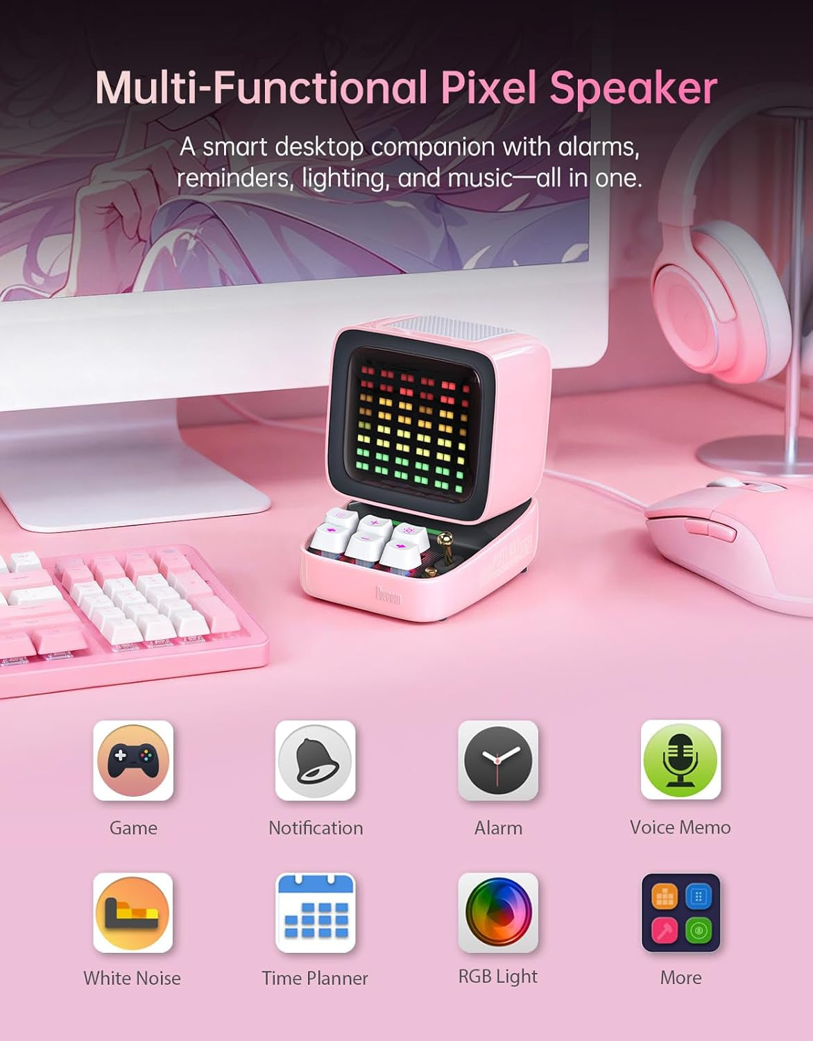 Ditoo Retro Pixel Art Bluetooth Speaker with 16x16 LED App-Controlled Display (Pink)