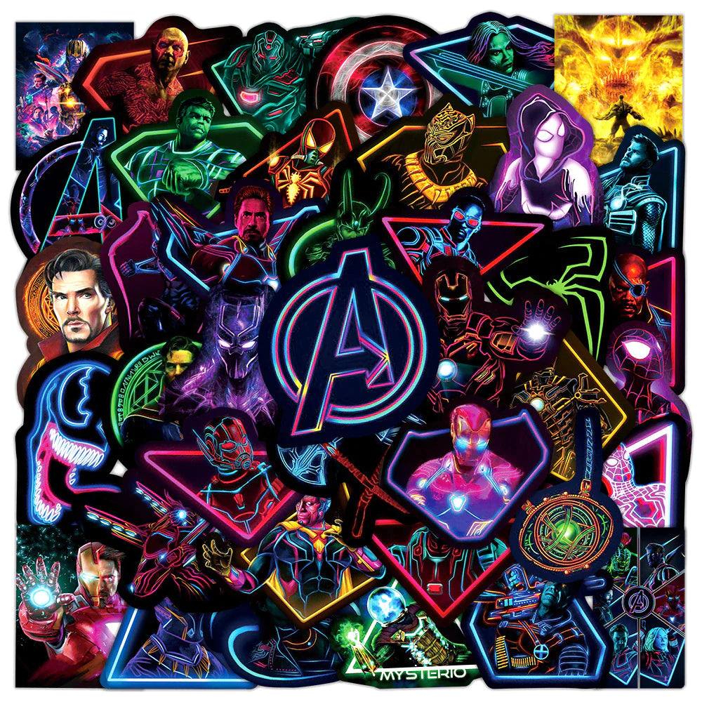 Disney Neon Marvel Avengers Superhero Anime Stickers - Set of 10/50/100 for Laptops, Cars, Skateboards, Phones, and Bikes - Ideal for Kids' Toys