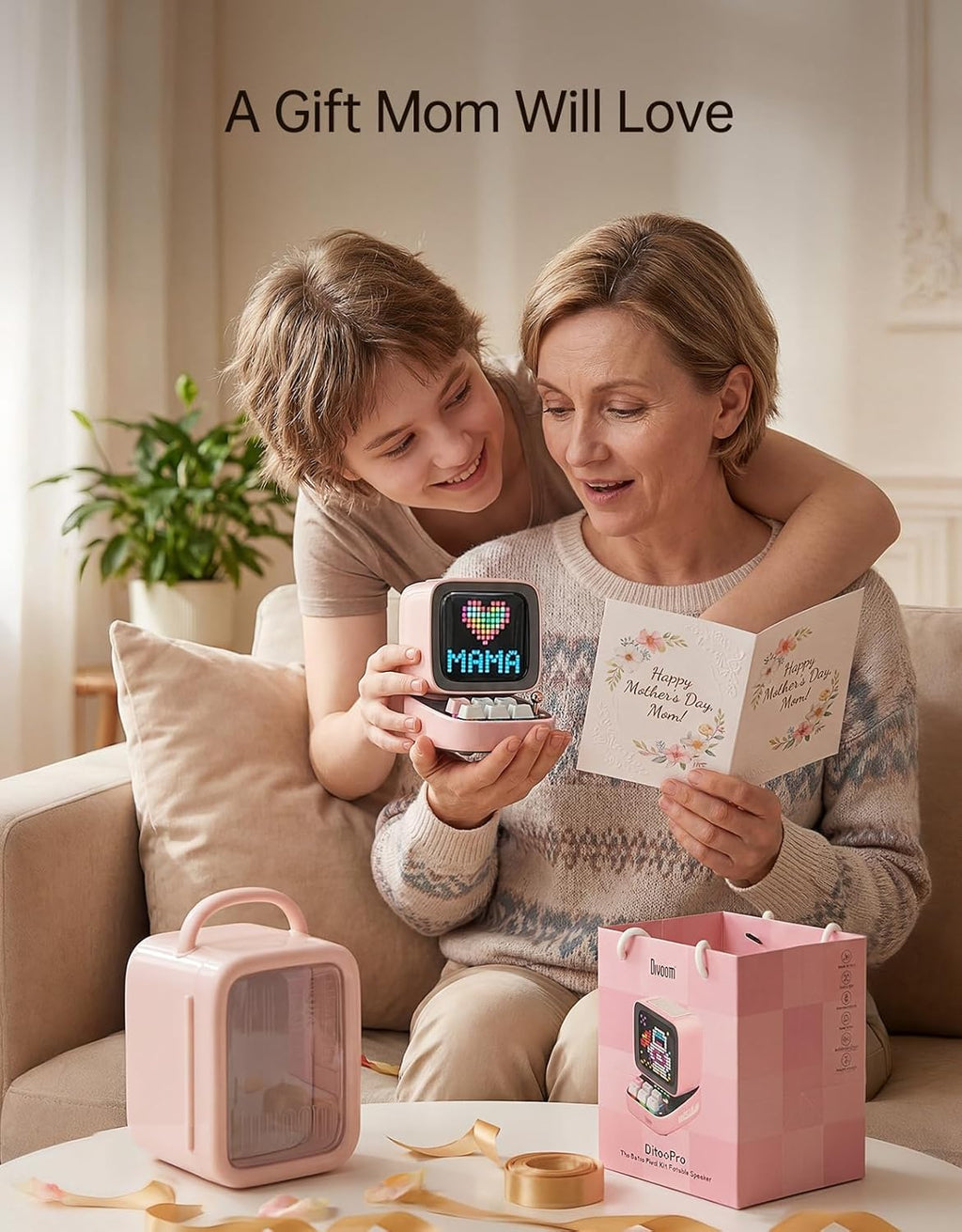 Ditoo Retro Pixel Art Bluetooth Speaker with 16x16 LED App-Controlled Display (Pink)