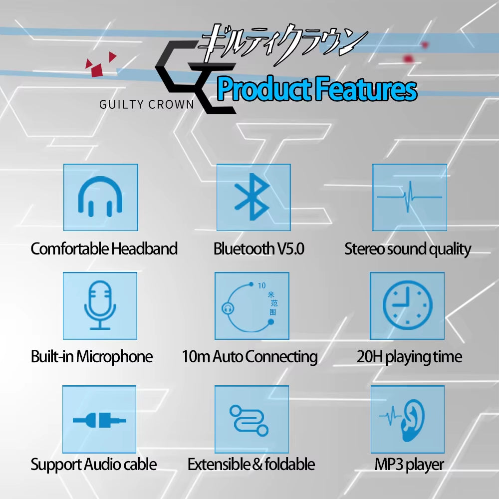 Guilty Crown Yuzuriha Inori Cosplay Wireless Bluetooth Stereo Headphones - Adjustable Foldable Design