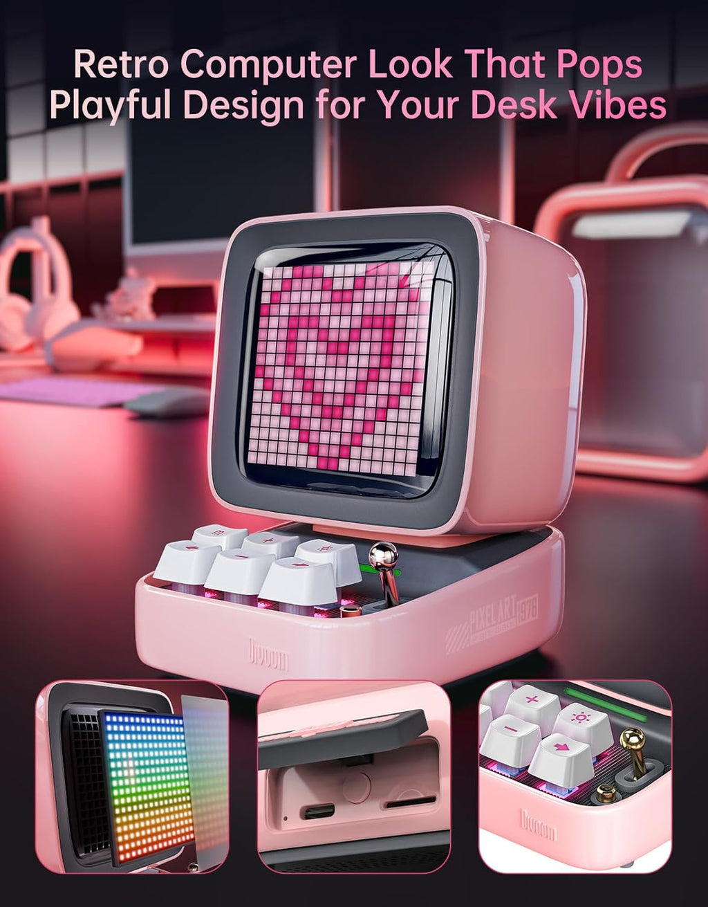 Ditoo Retro Pixel Art Bluetooth Speaker with 16x16 LED App-Controlled Display (Pink)