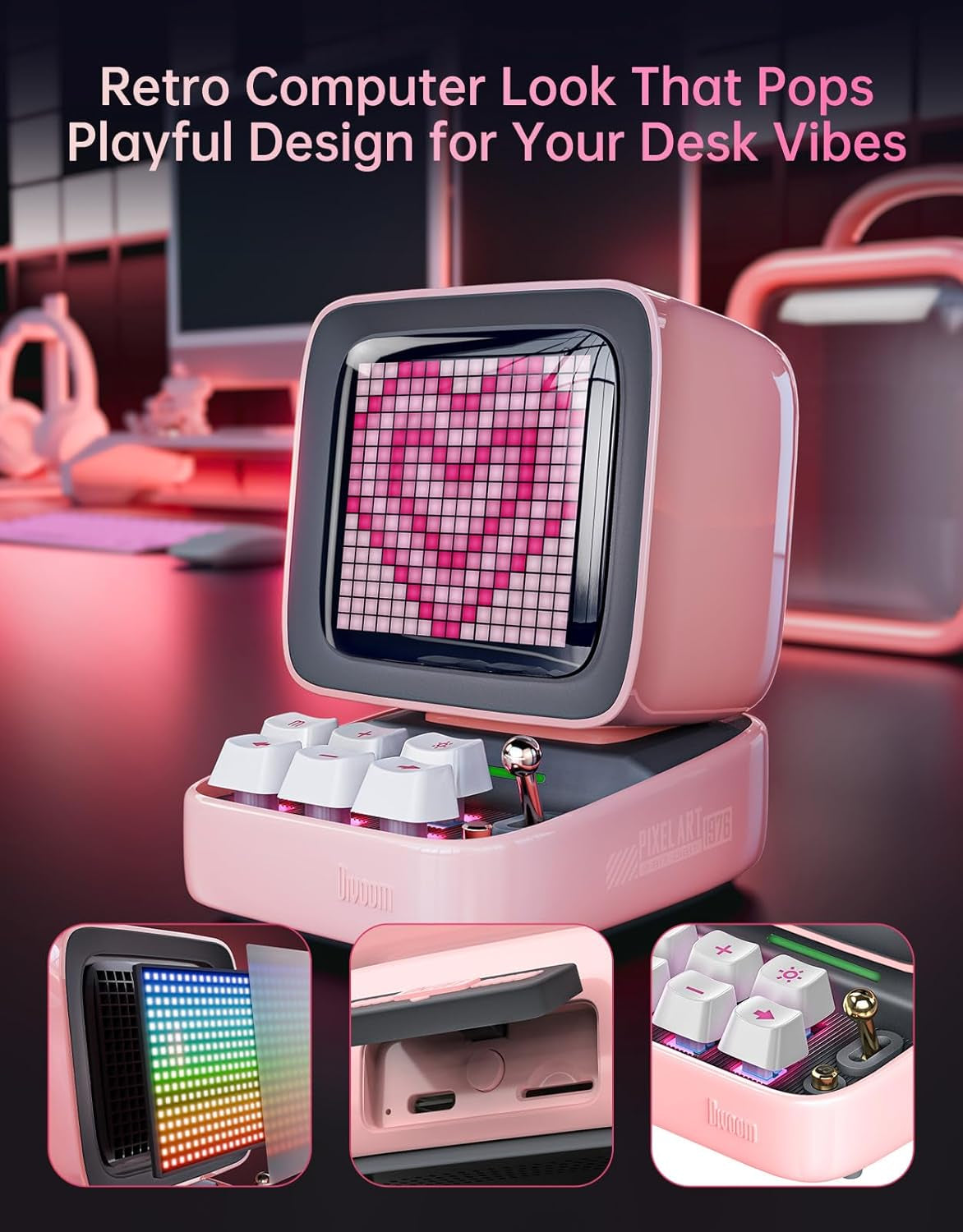 Ditoo Retro Pixel Art Bluetooth Speaker with 16x16 LED App-Controlled Display (Pink)