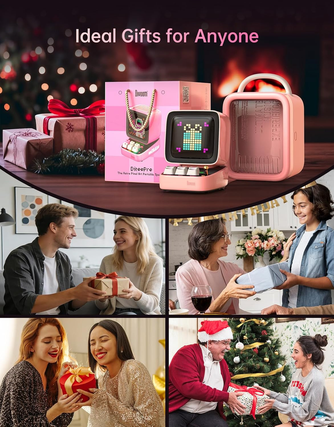 Ditoo Retro Pixel Art Bluetooth Speaker with 16x16 LED App-Controlled Display (Pink)