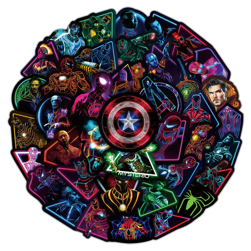 Disney Neon Marvel Avengers Superhero Anime Stickers - Set of 10/50/100 for Laptops, Cars, Skateboards, Phones, and Bikes - Ideal for Kids' Toys