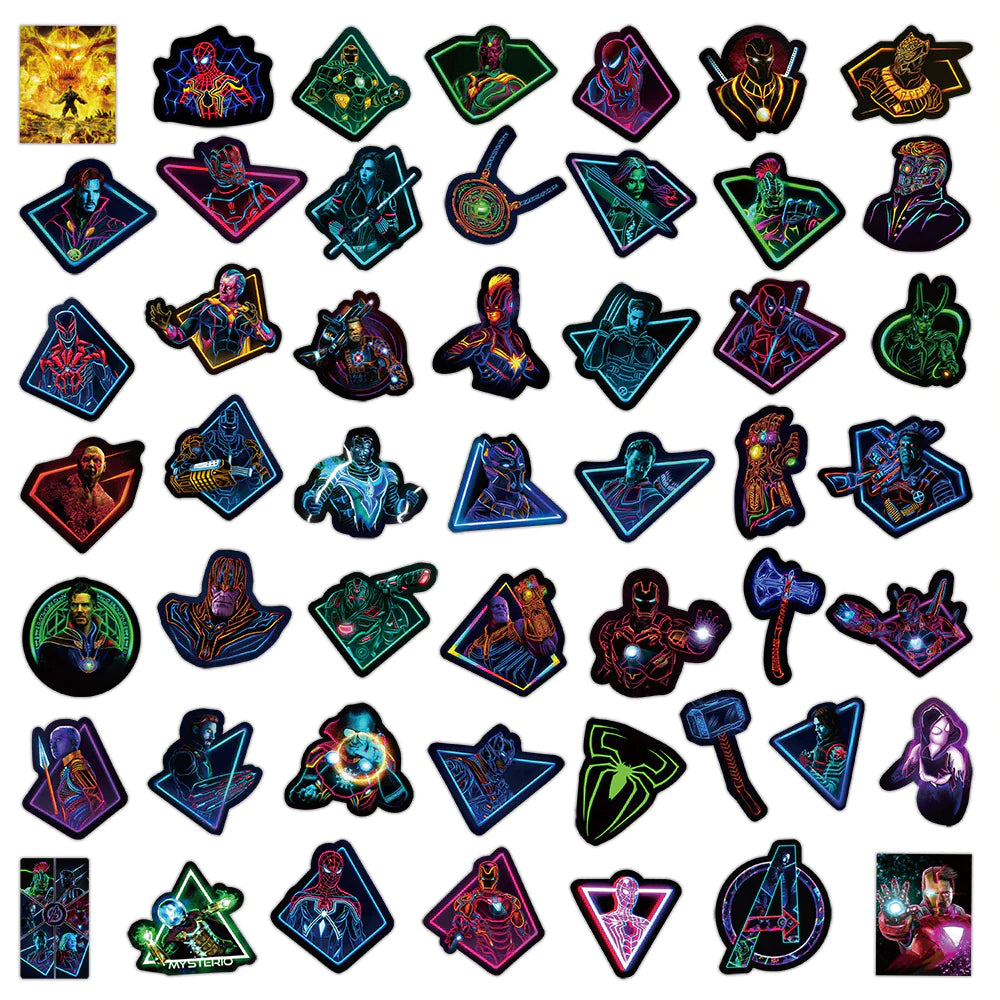 Disney Neon Marvel Avengers Superhero Anime Stickers - Set of 10/50/100 for Laptops, Cars, Skateboards, Phones, and Bikes - Ideal for Kids' Toys