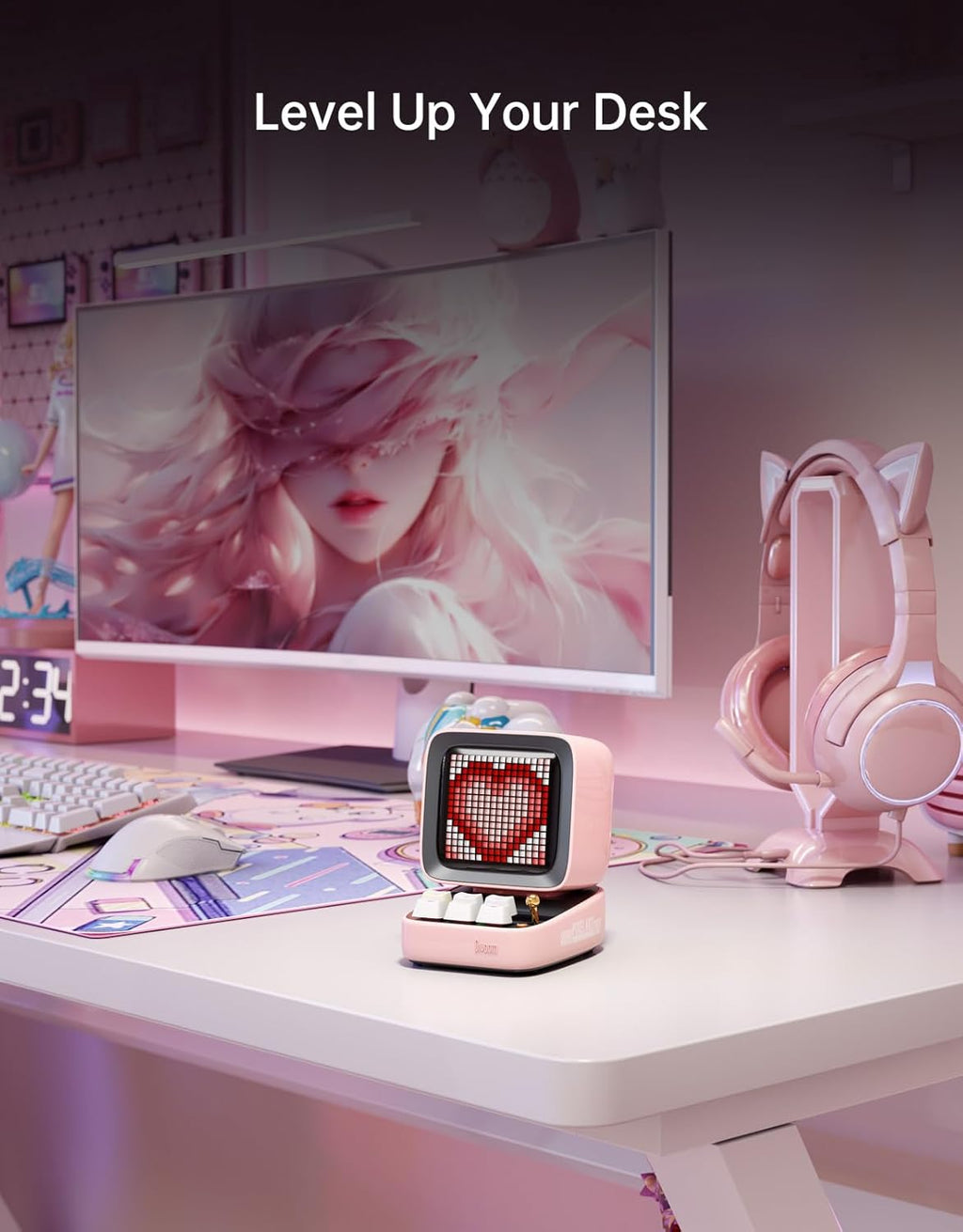 Ditoo Retro Pixel Art Bluetooth Speaker with 16x16 LED App-Controlled Display (Pink)